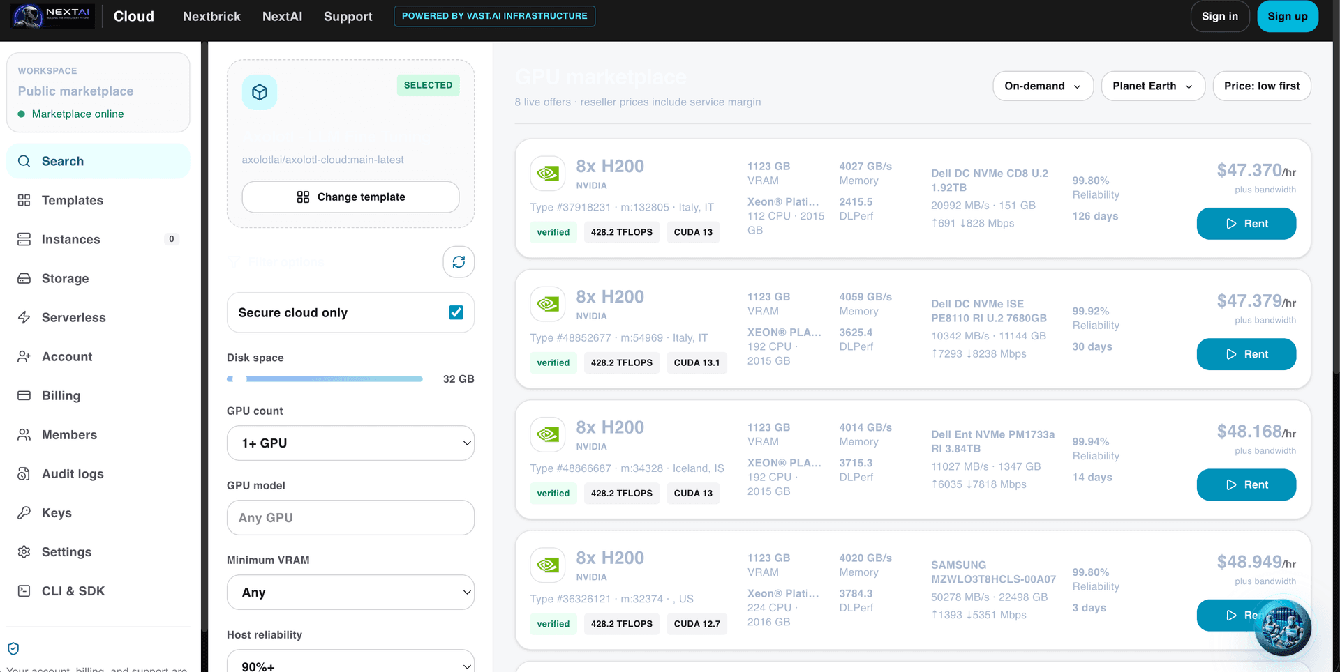NextAI Cloud live GPU compute marketplace with private model templates and on-demand infrastructure