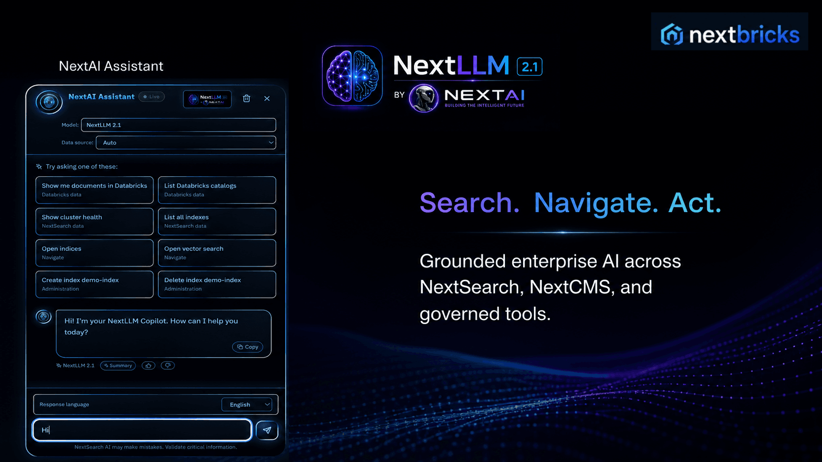 NextLLM 2.1 enterprise assistant connected to NextBricks products